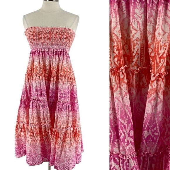 Ralph Lauren Pink Orange Ikat Abstract Print Tiered Strapless Midi Dress Medium - Picture 1 of 7